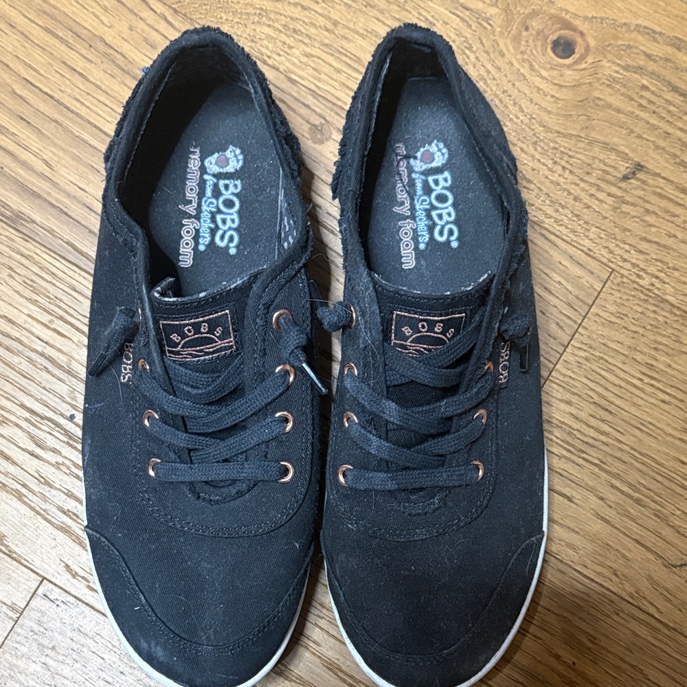 Skechers BOBS Black Canvas Lace-Up Sneakers with Rose Gold Eyelets